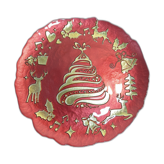 Plato base cristal navideño rojo con diseños dorados