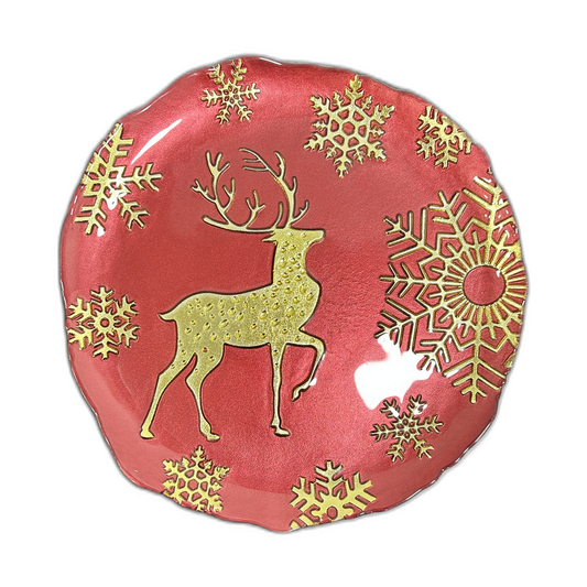 Plato base Vancouver cristal rojo con reno y copos dorados 33cm