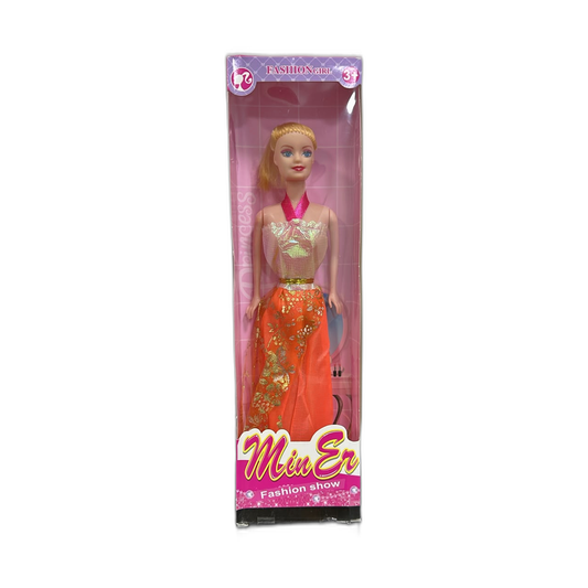 Muñeca articulada con vestido en caja